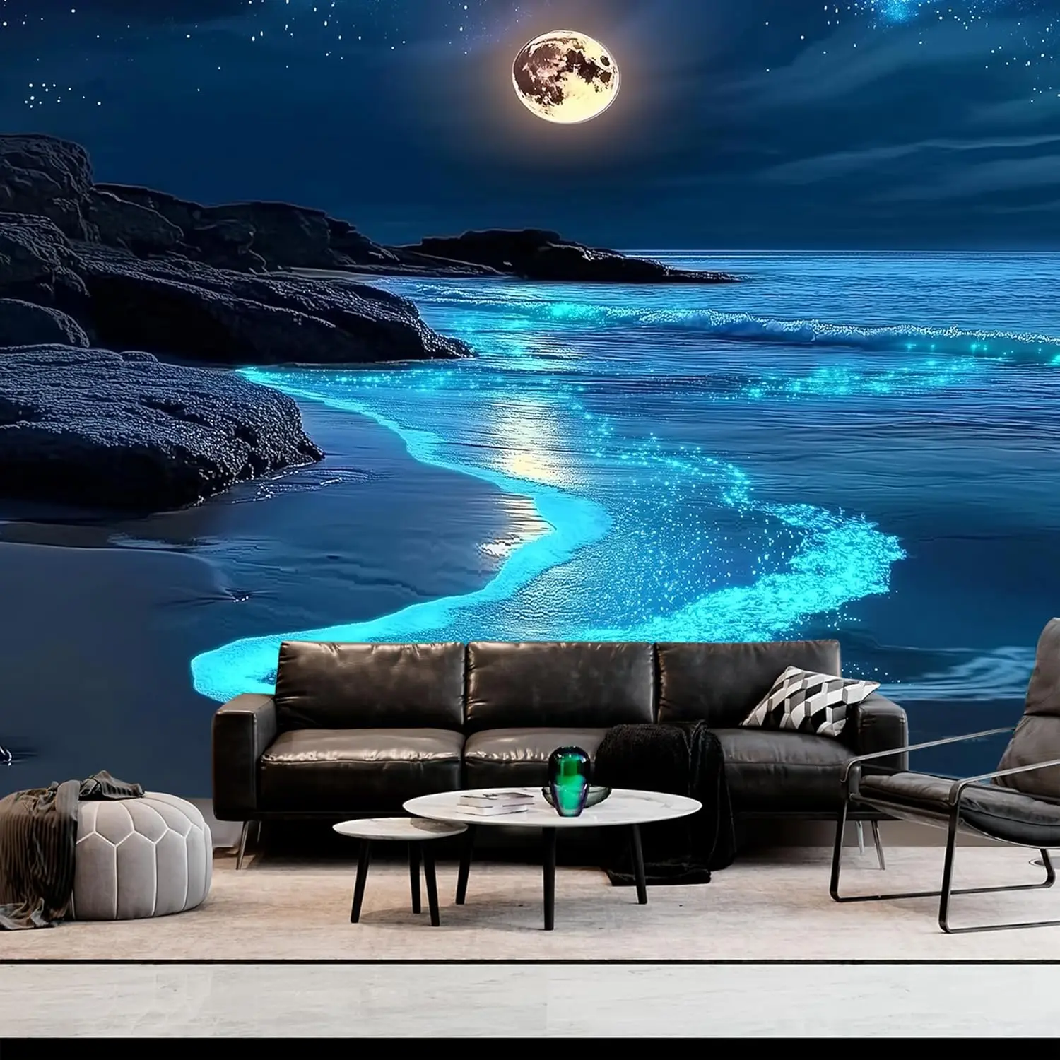 Blue Tears Tapestry – Moonlit Ocean Beach Wall Art, Bioluminescent Sea Scene Decor for Bedroom, Living Room, 90x70 Inches