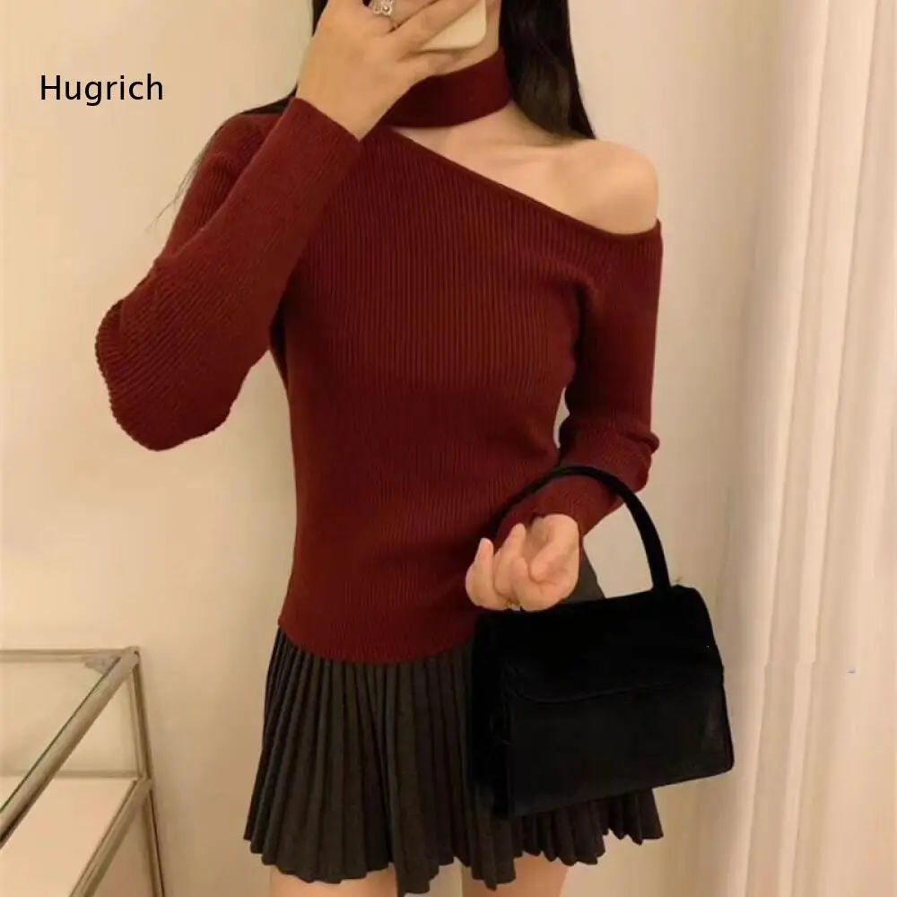 Ribbed Knit Long Sleeve Sweater Women Asymmetrical One Shoulder Style With Removable Neck Collar Slim Casual Pullover Top