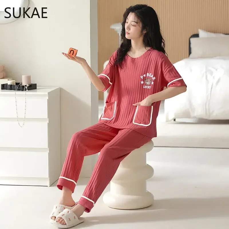 SUKAE M-5XL Women Clothing Summer Cotton Woman Pajama Trendy Bear Printing Leisure Cartoon Sleepwear Korean Cute Girl Pyjamas