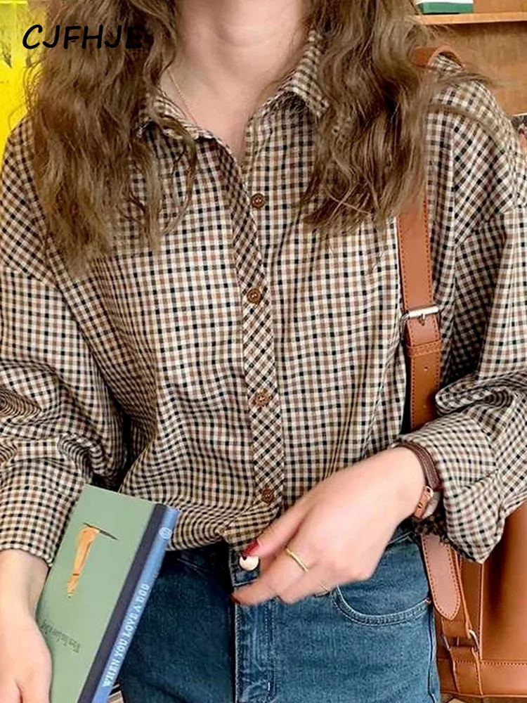 Vintage Simple Elegant Female Long Sleeve Preppy Style Tops Shirt Women Brown Plaid All-match Turn-down Collar Wooden-Buttons