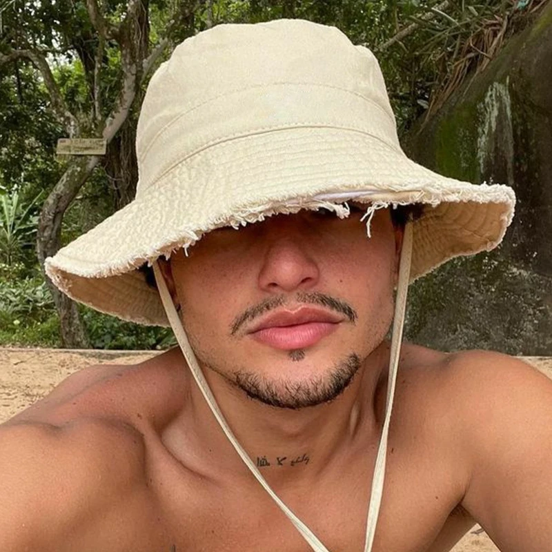 Unisex Frayed Brim Bucket Hat with Adjustable Chin Strap Sun Protection Wide Brim Casual Outdoor Beach Fisherman Cap for Women