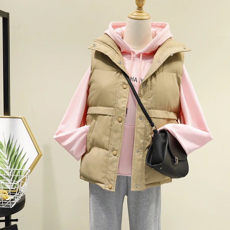 Short Stand Collar Parka Vest Winter Jackets For Women New Casual Sleeveless Fall Warm Ladies Solid Color Parka Chic Coat