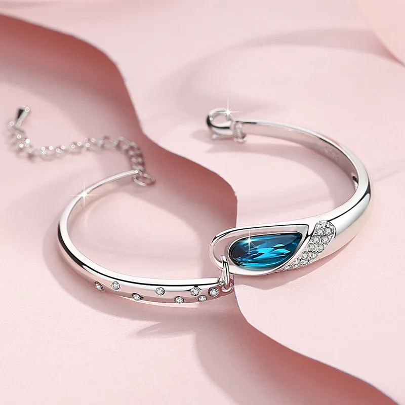 Pear Genuine Natural Blue Topaz 925 Sterling Silver Tears of Angels Adjustable Bracelet for Women Statement Gemstone Jewelry