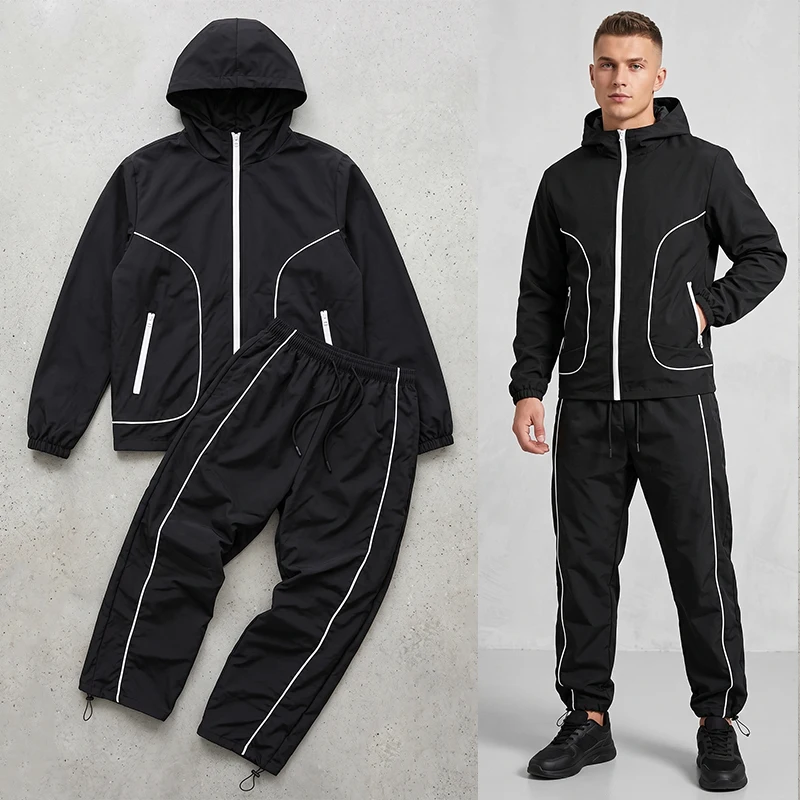 Men's Trendy 2 Piece Tracksuit Set Hooded Full Zip Windbreaker Jacket Coat Tops Quick Dry Athletic Jogger Pants Trousers