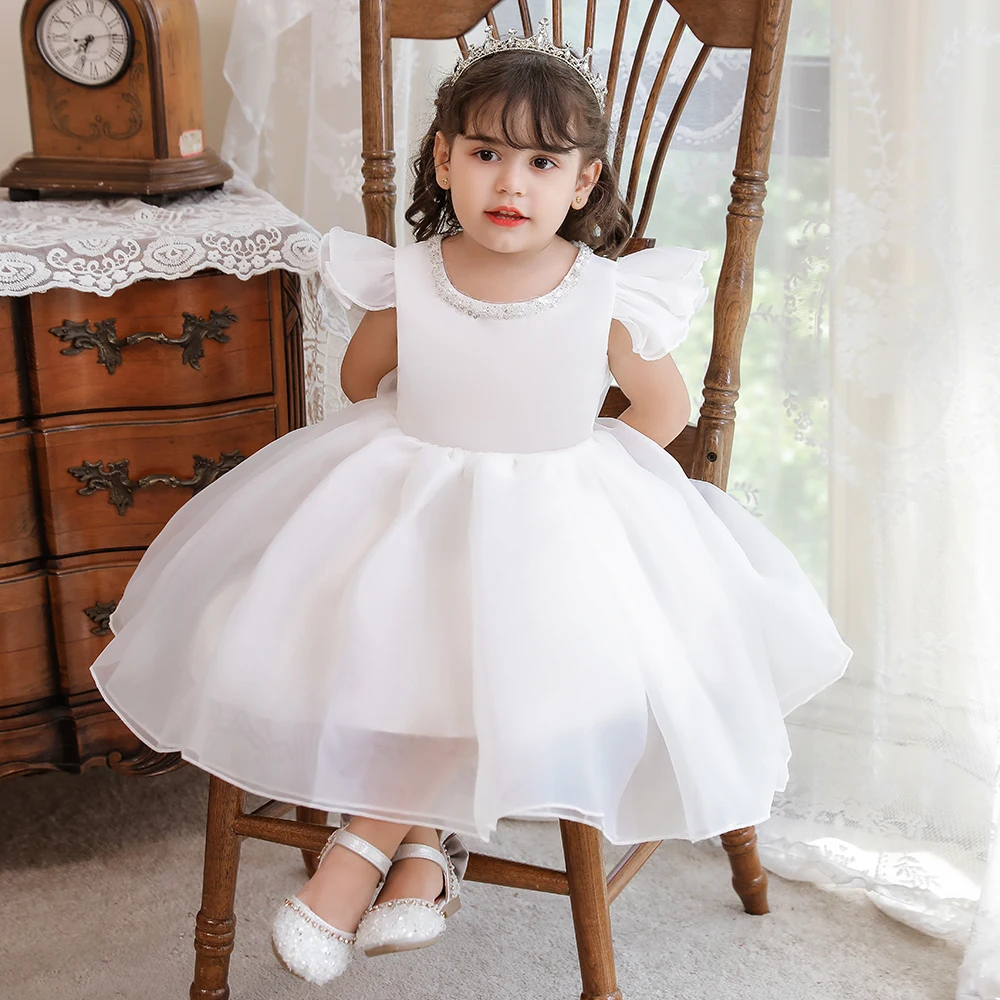 Baby Girl Pink White Dress Baptism Gown First 2 1 Year Birthday Dress Bow Princess Dress Party Dresses Girls Clothes Vestidos