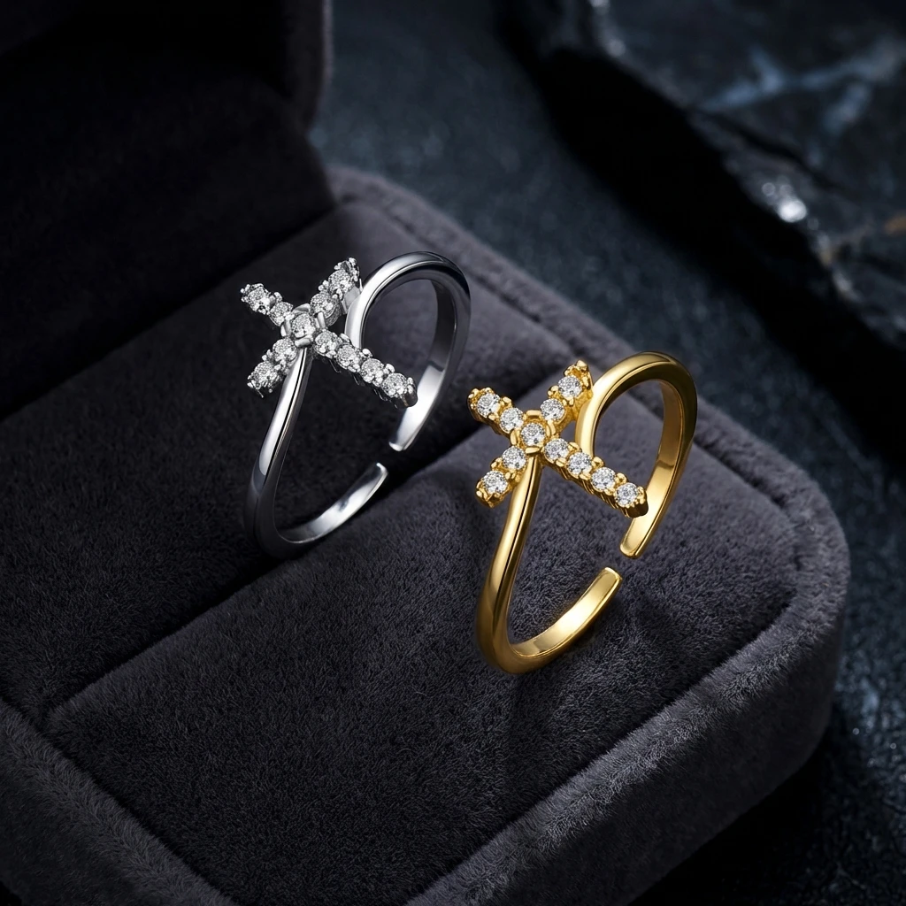 Zierlicher Funkelnder Zirkon-Kreuzring für Frauen Silberfarben Verstellbarer Offener Fingerring 2026 Trend Party-Schmuck Beste Freundin Geschenk – Detail 6