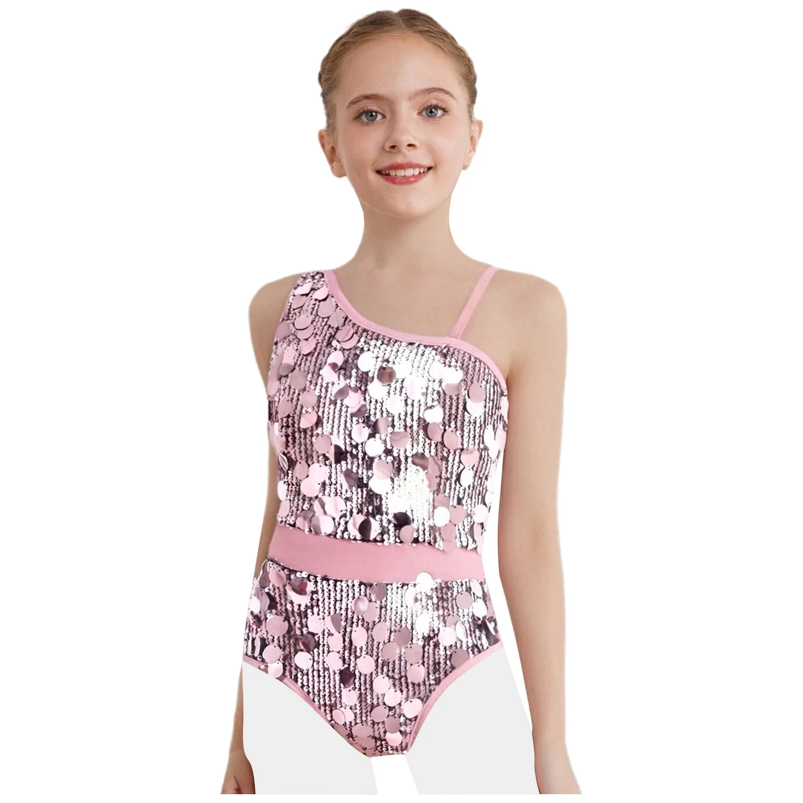 Kids Girls Ballet Leotard Sparkly Sequins Asymmetry Sleeveless Bodysuit Figure Skating Dance Gymnastic Unitard for Performance