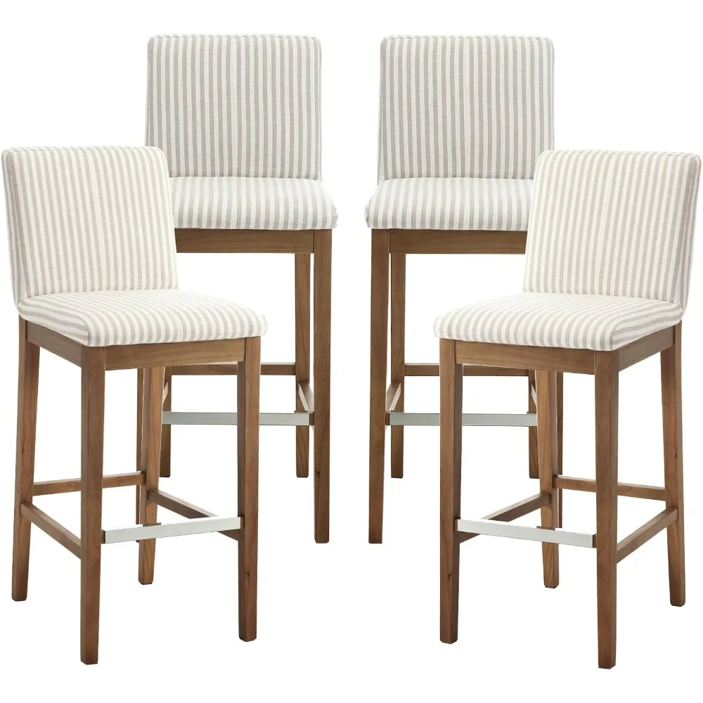 

Wood Bar Stools Set of 4, Mid-Century Modern 30" Bar Height Stool with Back & Footrest Comfy Linen Fabric Barstool Upholstered