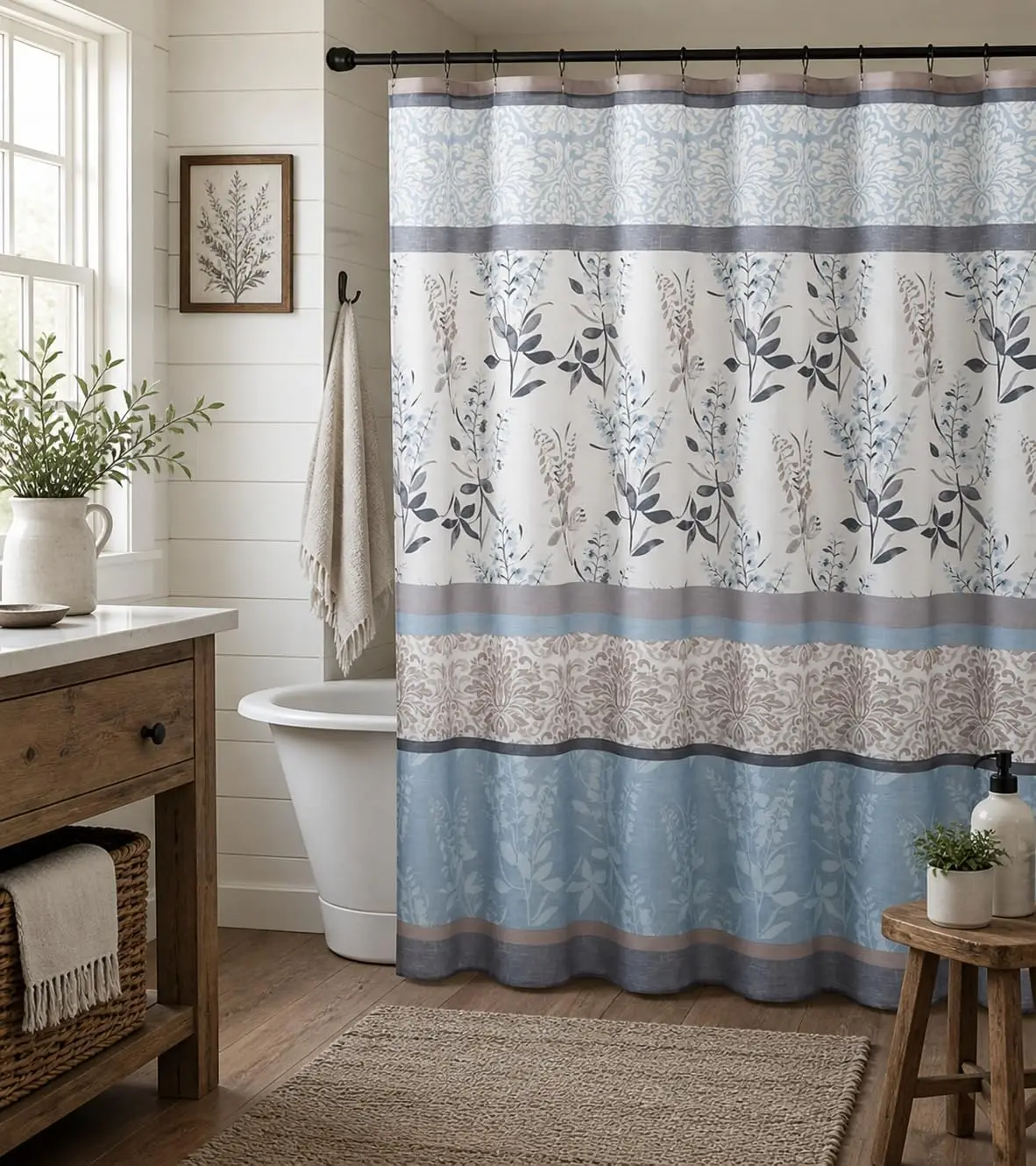 Rideau de douche vintage à rayures botaniques, imprimé floral bleu-gris aux tons neutres, rideau de salle de bain en tissu imperméable pour la maison