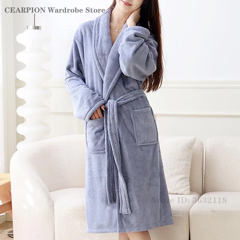 

Thicken Coral Fleece Robe Kimono Bathrobe Gown Women Warm Flannel Sleepwear Nightgown Autumn Winter Home Dress Pajama Loungewear