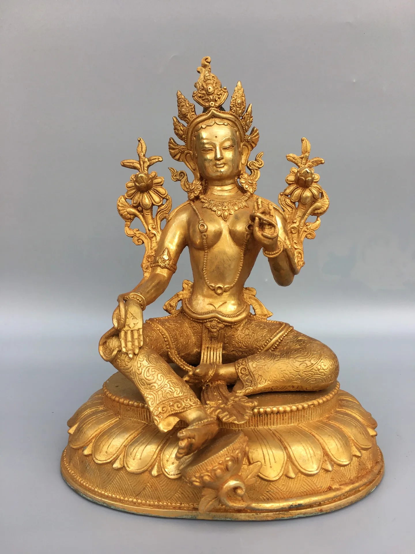 

10"Tibetan Temple Collection Old Bronze Cinnabar Mud gold Green Tara Bodhisattva Lotus Terrace Worship Hall Town house