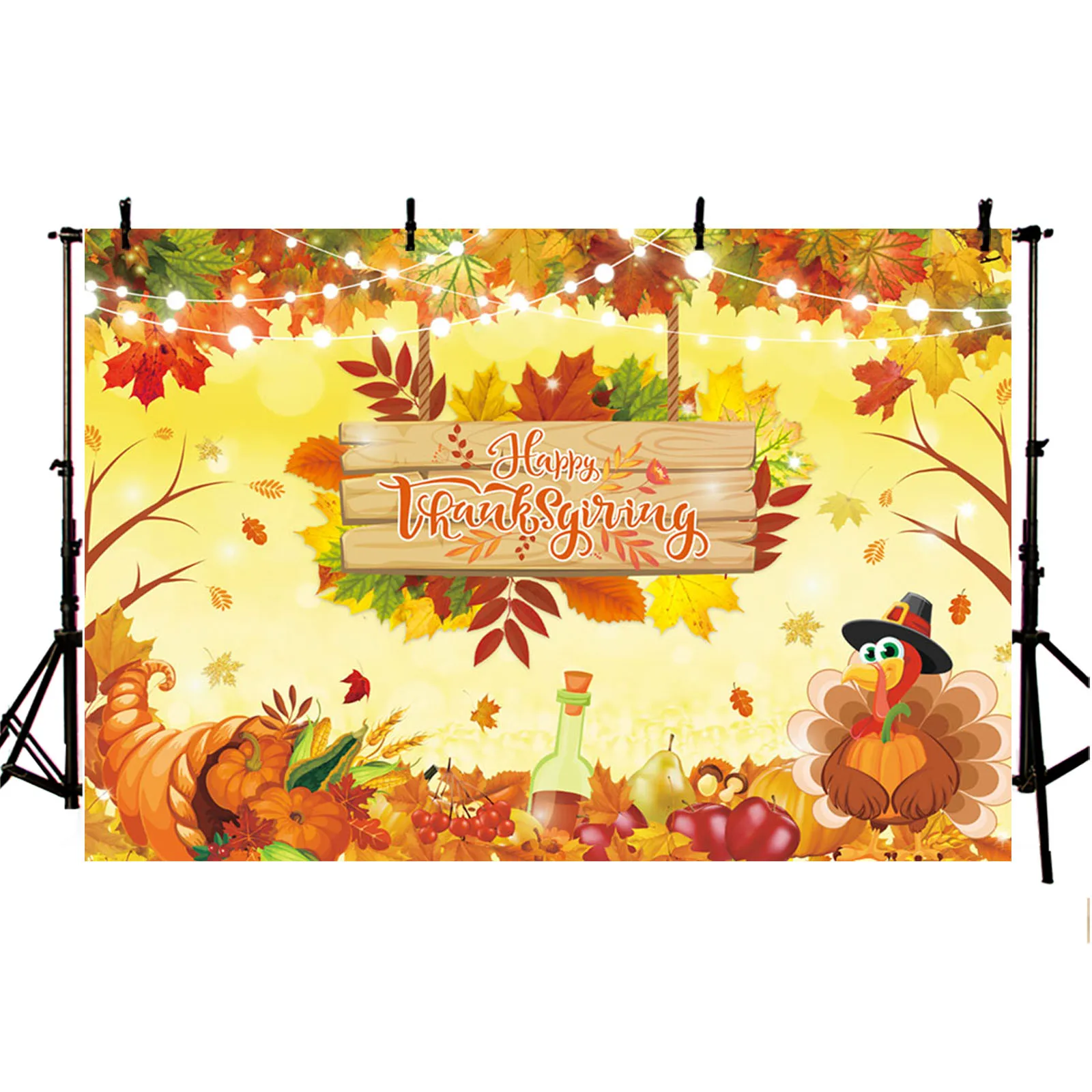 Happy Thanksgiving Backdrop Autumn Fall Harvest Pumpkin Maple Leaf Turkey Meat Wood Photography Background Family Party Decor