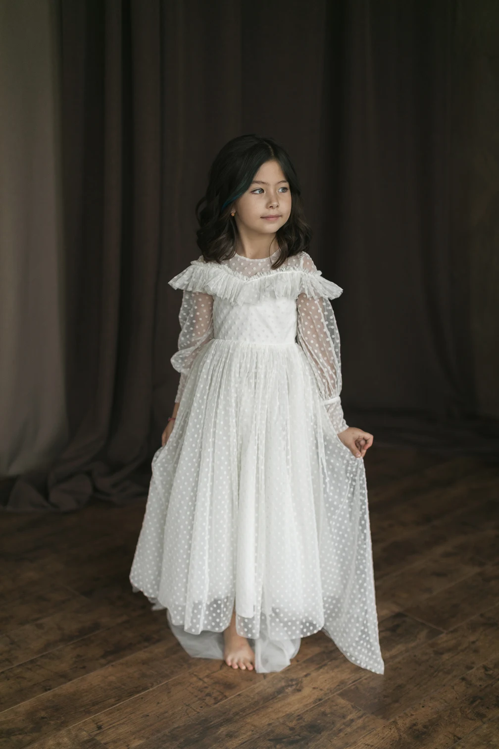 custom White Polka Dot Flower Girl Princess Dress for Maternity Photoshoot Mom and Daughter Shooting Gowns for Wedding Guest