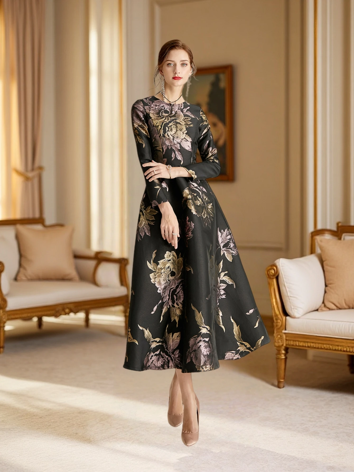 Luxury Women Long Maxi Jacquard Dress Spring Autumn Boho Floral Fashion Clothing Ladies Party Evening Ball Gown