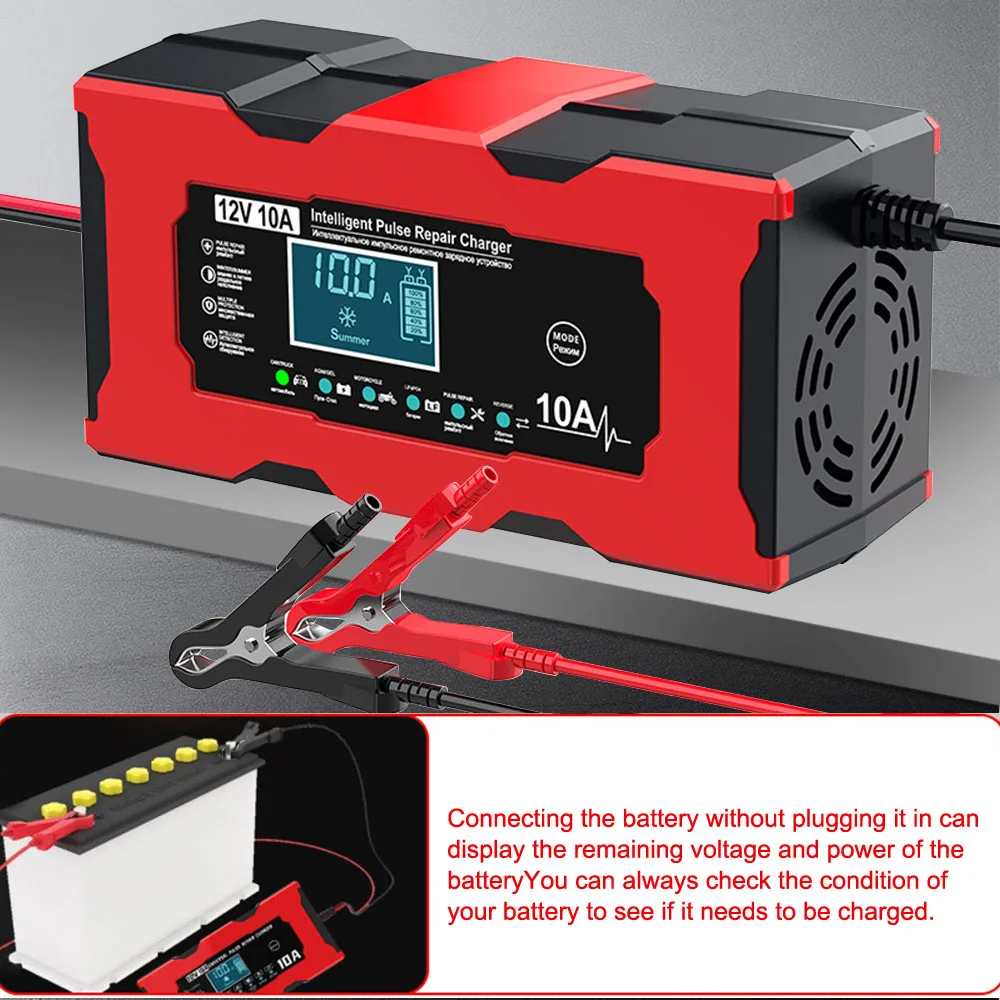 EU/US Plug Pulse Repair 12V 10A Digital LCD Display 14.6V 10A Iron Lithium Charger Smart Battery Charging Car Battery Charger