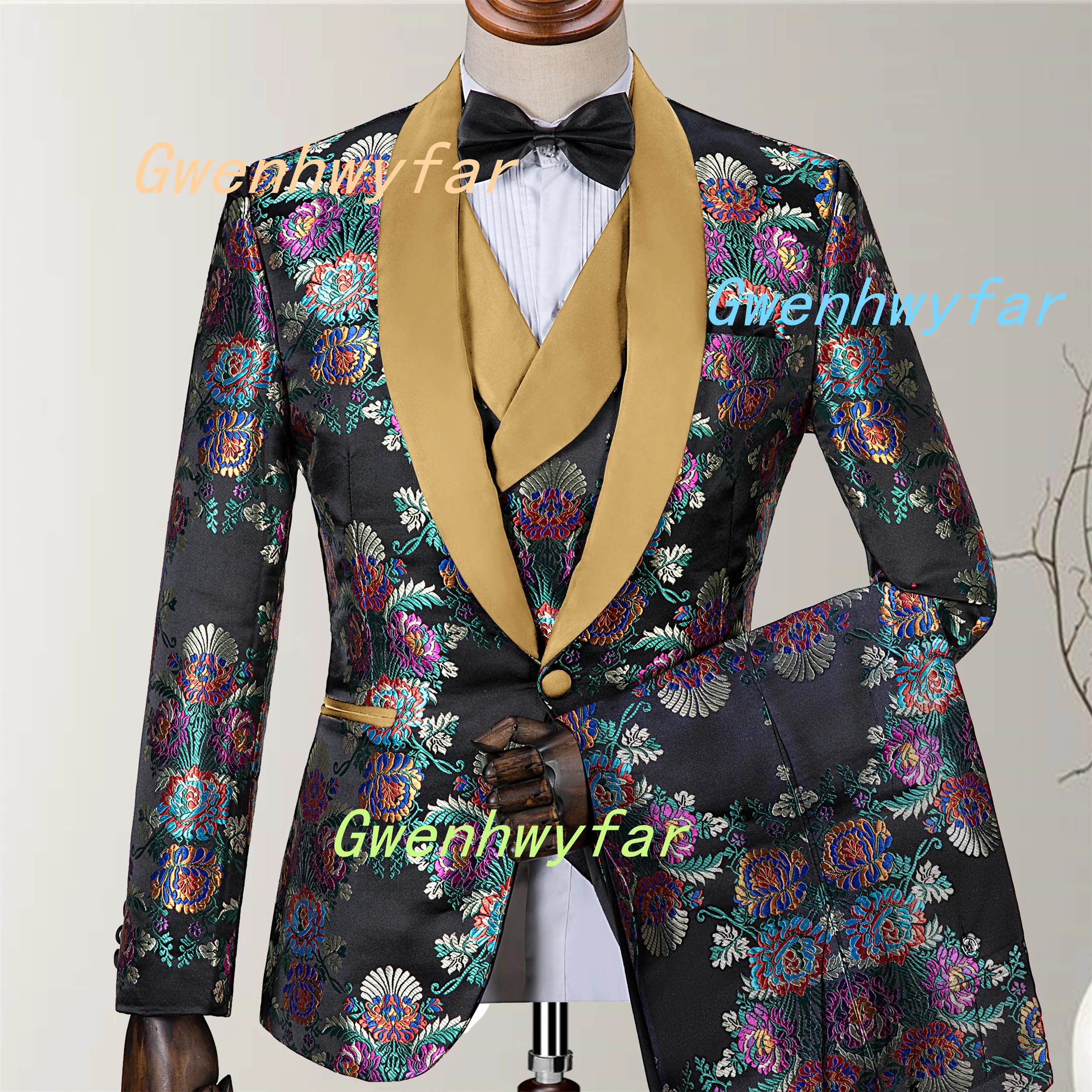 Nina Store High Quality Black Embroidered Flower Suit 3-piece Elegant Men's Fashion Suit Ball Dress including Coat, Pants, Vest