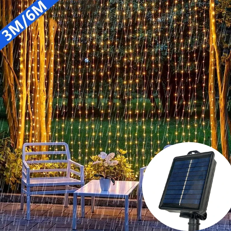 Solar Waterfall Curtain Light Outdoor Christmas Curtain String Light Fairy Garland Wedding Decor Birthday Party Decoration