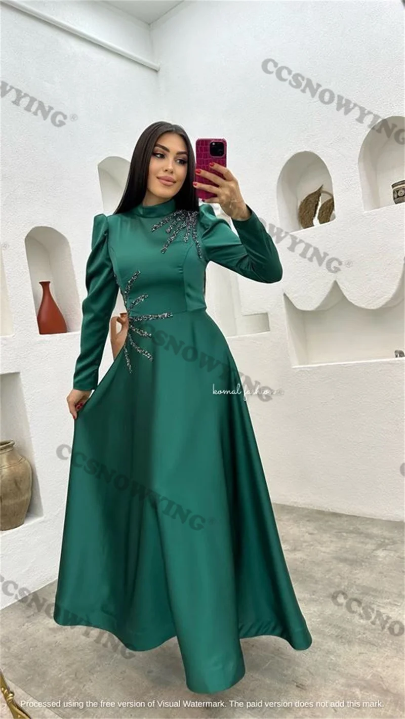 Robes de soirée musulmanes perlées pour femmes, appliques en satin vert, manches longues, robe de soirée formelle islamique, robe de soirée arabe, Dubaï, 123