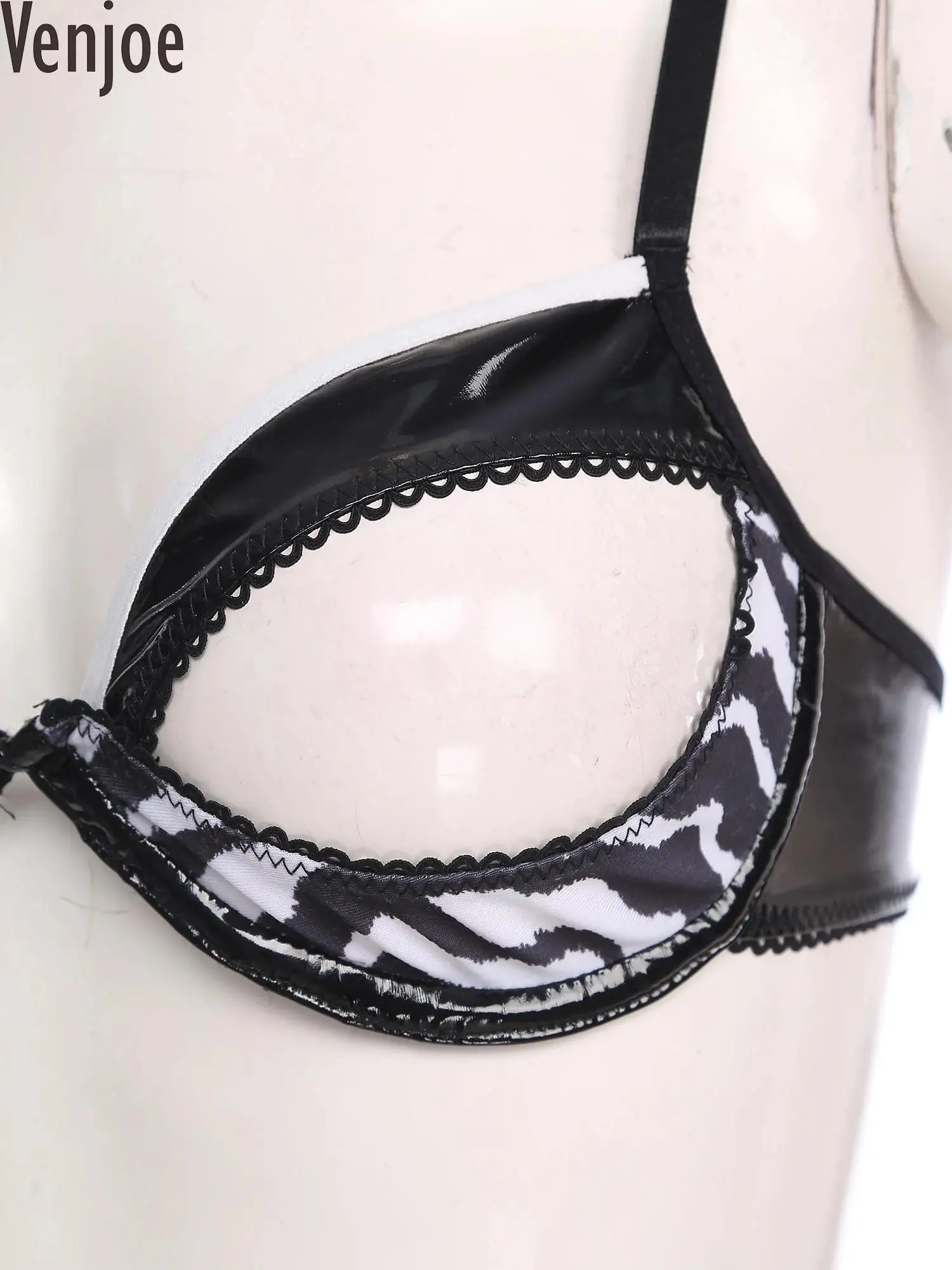 

Womens Hollow Out Cup Bra Shiny Leather Underwire Push Up Balconette Bralette Lingerie Nightwear for Clubwear