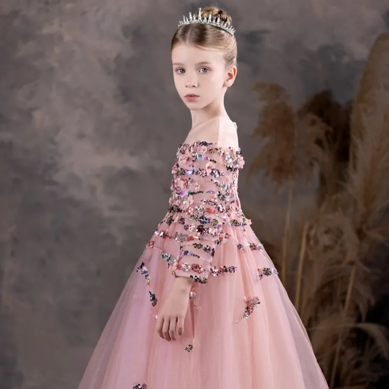 Vestidos de lujo de flores de Coral para niña, vestido de princesa con cuentas y lentejuelas para niños, boda, fiesta de cumpleaños, desfile, J125