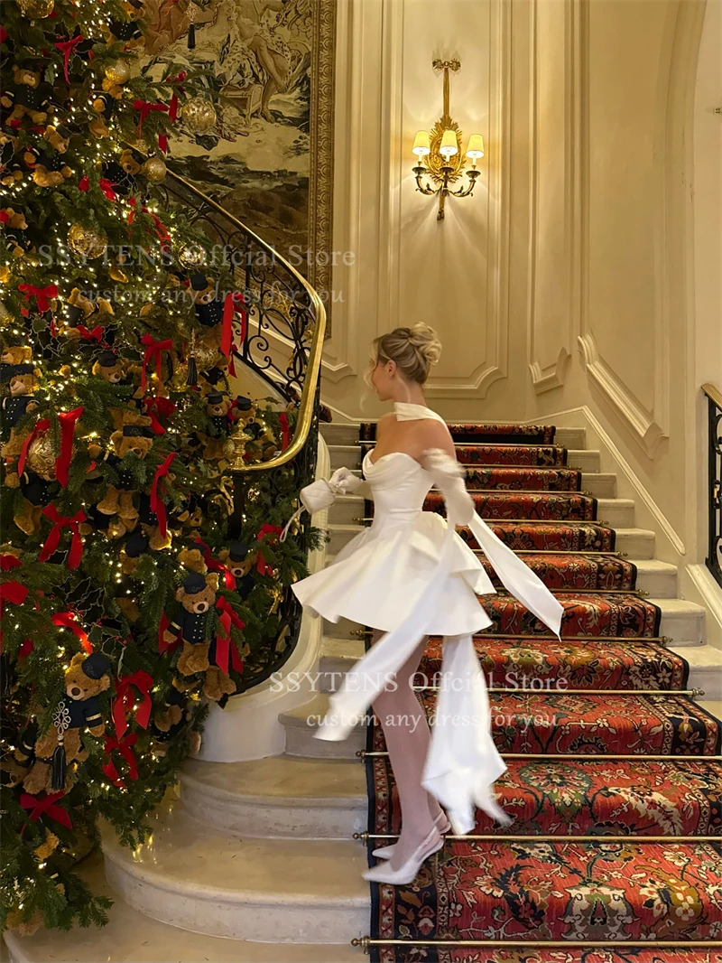 SSYTENS Abiti da sposa corti dolci senza spalline Mini lunghezza allacciatura sul retro Abiti da festa di nozze Fiocco Vestido De Noival Personalizzato