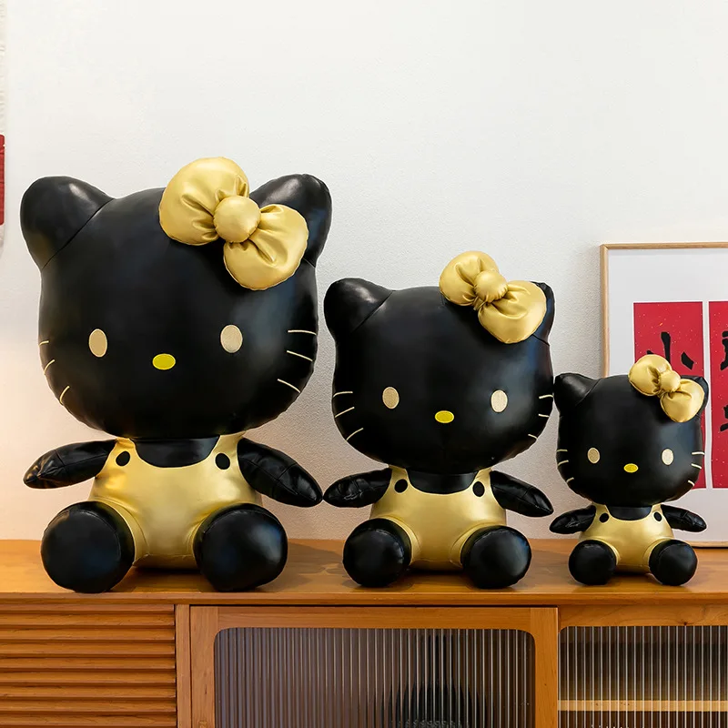 Sanrio pelúcia olá kitty brinquedo preto ouro couro gato boneca animal de pelúcia crianças aniversário presente de natal para meninas travesseiro fofinho presente