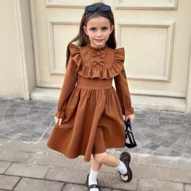 Girls Dress 2026 Spring and Autumn New Children's Clothes Girls Baby Retro Cute Bow Stand Collar Lotus Lace Back Zipper Dress