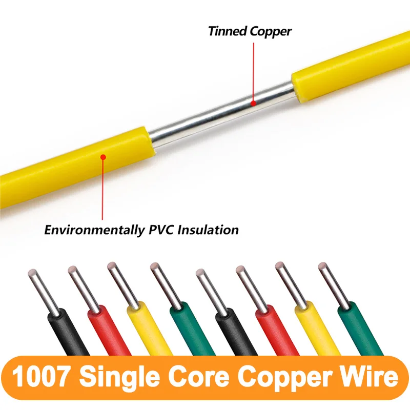 5/10/50m 26/24/22/20/18/16/14AWG Single Core 1007 Solid Electric Wire PVC Insulation Tin-plating Copper Electronic Cables 300V