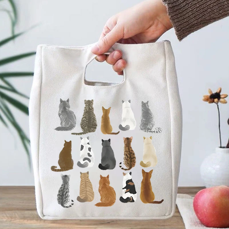 Kawaii Cartoon Cat Print Girls Insulation Bags Cartoon Cat Gift Portable Lunch Bag Kids Cute Animal Lovers Essential Lunch Bags