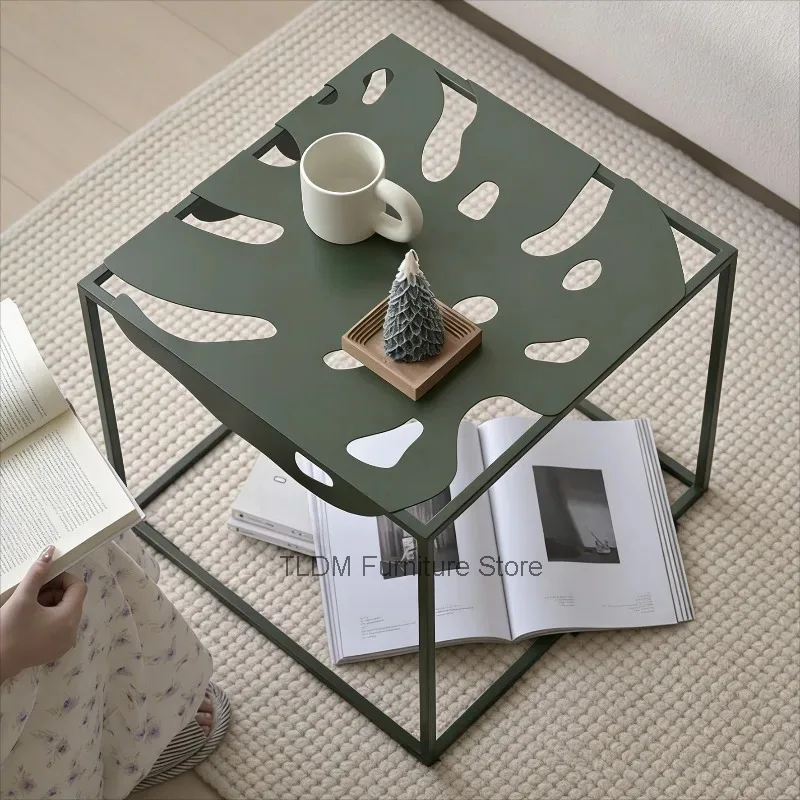 Monstera Leaf Cutout Side Table, Square Metal Accent Table, Modern Minimalist End Table for Living Room Bedroom