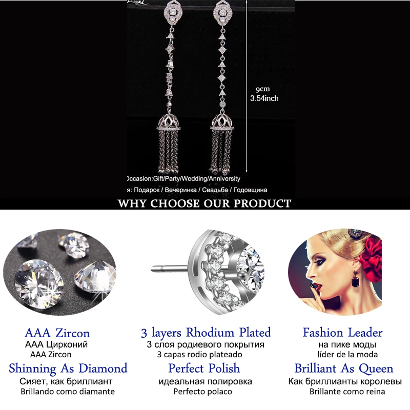 LXOEN Bohimian Cubic Zirconia Drop Earrings for Women Luxury Multi-layer Tassel Silver Color CZ Long Earrings for Party Earings