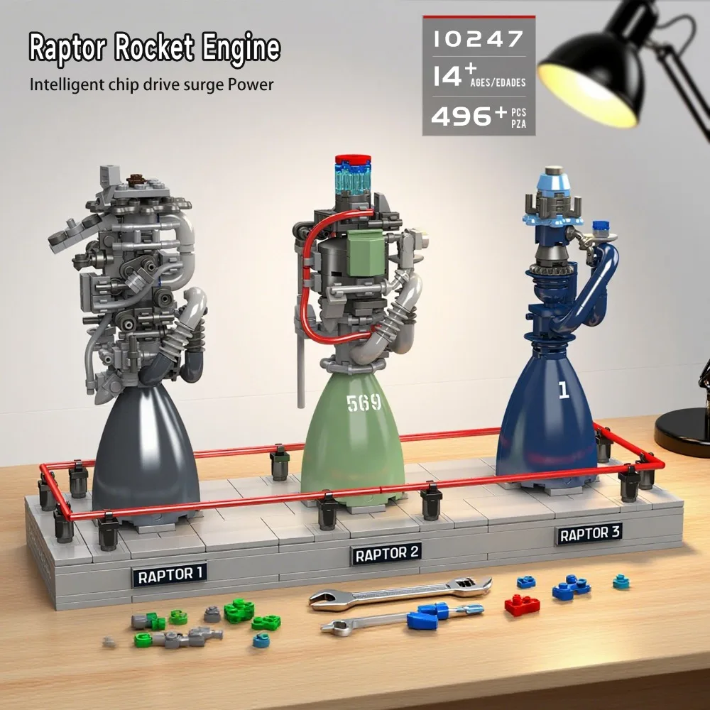 MOULD KING 10247 Raptor Rocket Engine Building Set 496PCS STEM Educational Model with Display Stand Space Exploration Kit