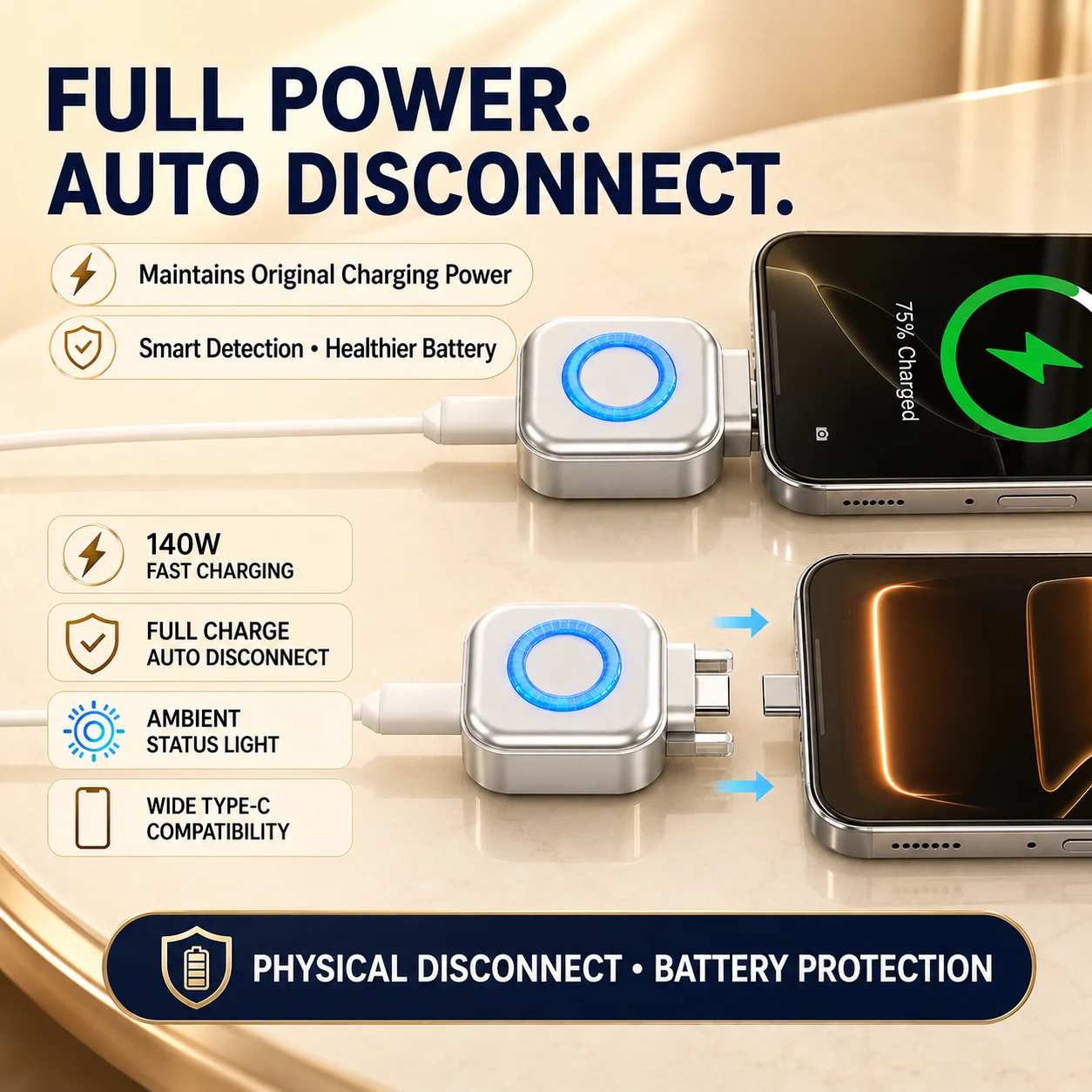 140W Intelligent AI Recognition Full-Charge Separator Type-C Charging Adapter, Device Automatic Power-Off Protection
