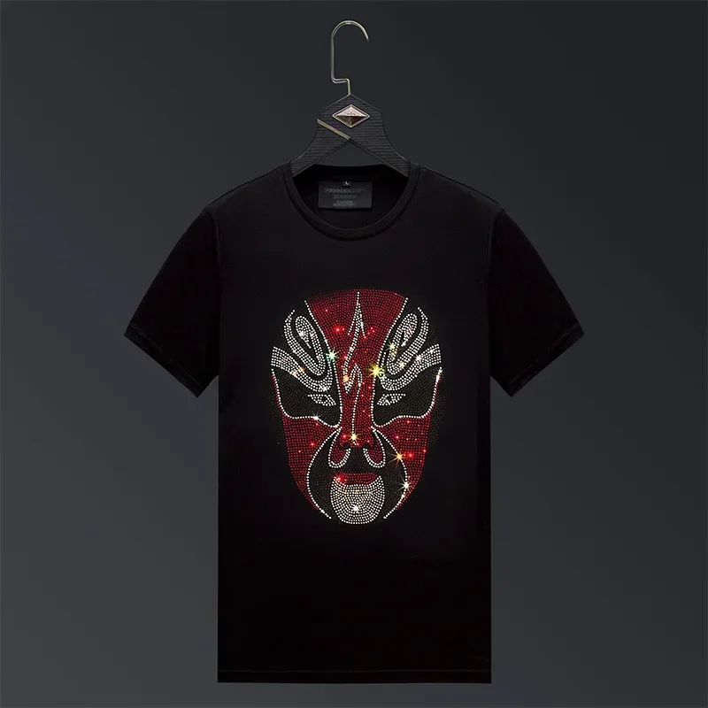 

Plus Size T Shirts Men Short Sleeve Peking Opera Mask Rhinestones Fashion Man Streetwear CottonO Neck Slim Tee Shirt Homme