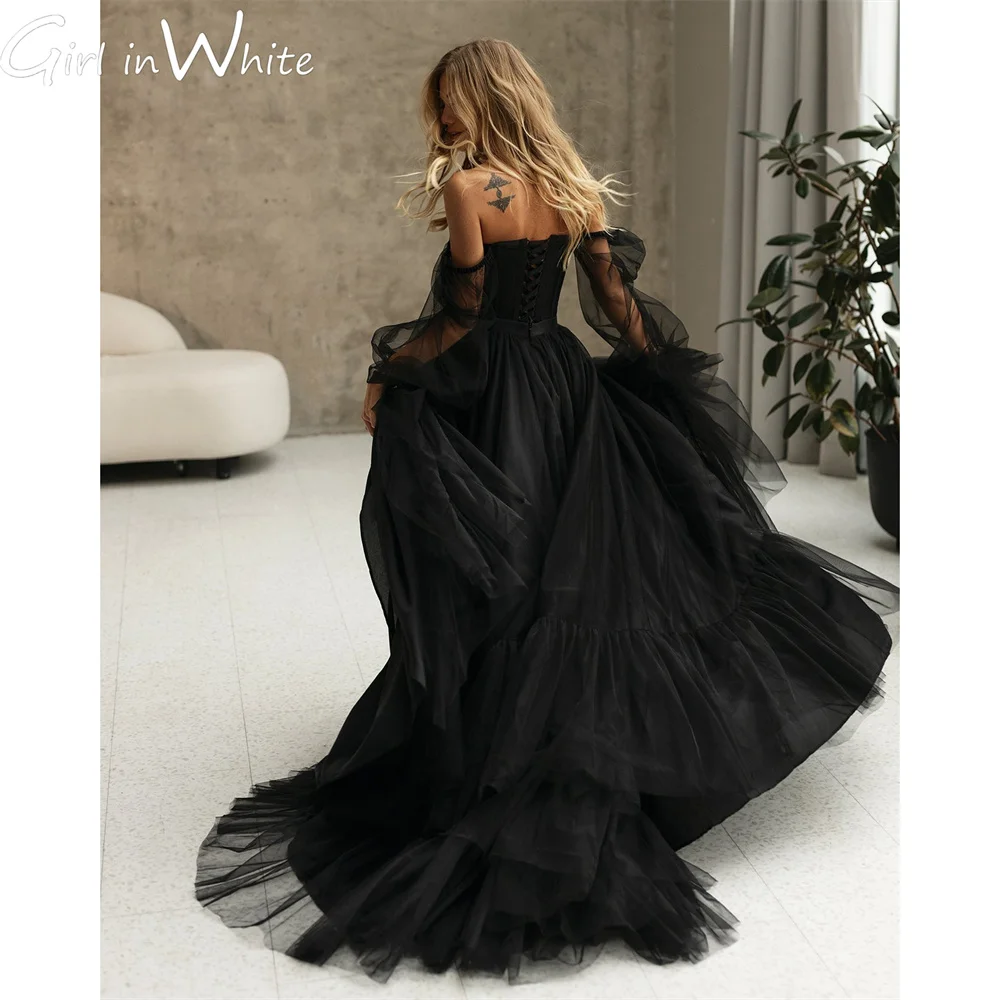 

Princess Black Tulle Wedding Dress A Line Off The Shoulder Wedding Gown Lace Up Back Bridal Gown свадебное плат vestido de novia