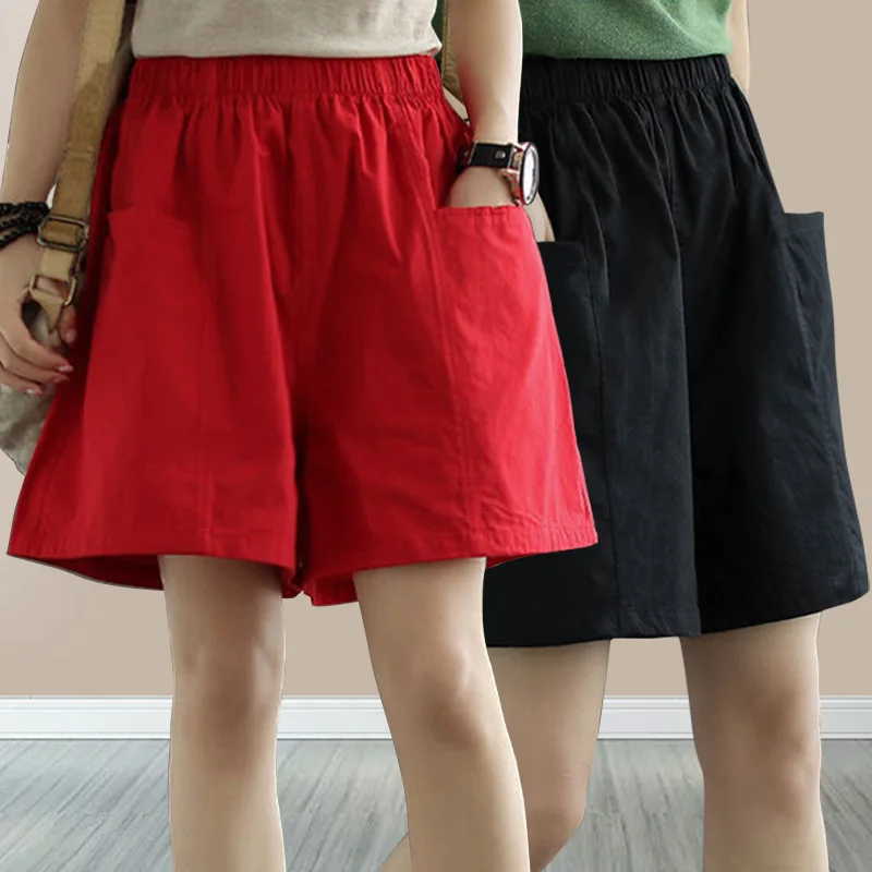 

1Pc Summer Cotton Linen Loose Women's Shorts Solid Color Casual Straight Short Pants Elastic Waist Wide Leg Knee Length Shorts