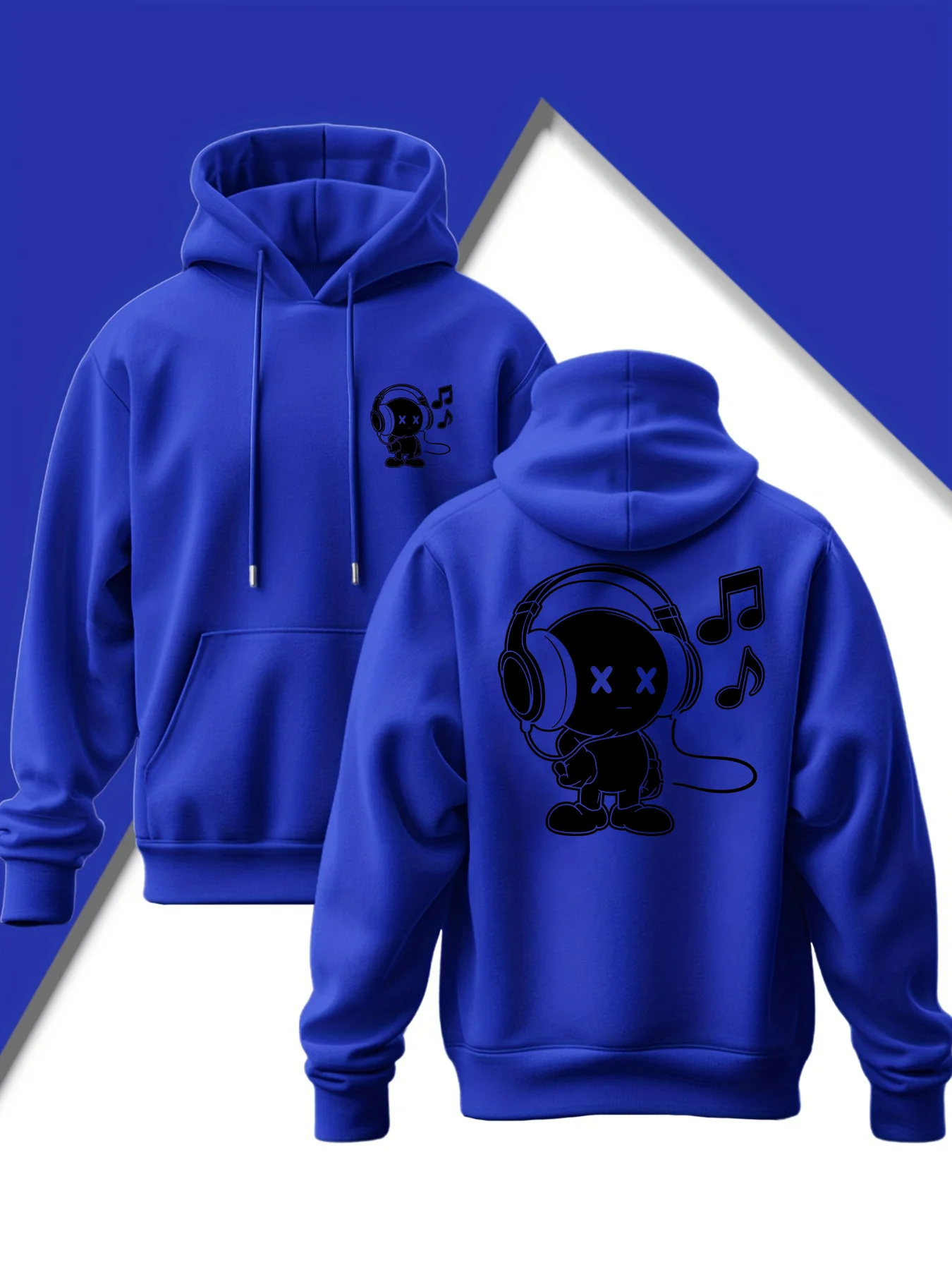 Men Pullover Hoodie Double Sided Cartoon Character With Headphones Print Hooded Sweatshirt Kangaroo Pocket Casual Street Tops