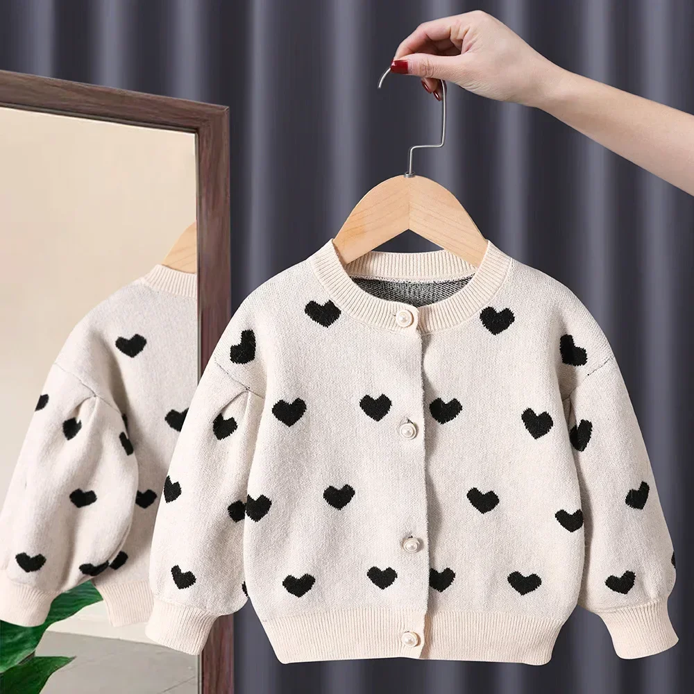 

Baby Knitted Sweaters Children's Clothing Clothing Black Love Heart Designfor Spring Korean Sweatshirt for Girls 5-day Shipping