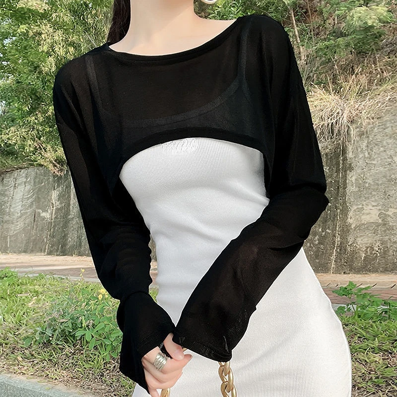 Sheer T-shirts for Women Crop Tops Casual Summer Thin Sun-proof O-neck Daily Long-sleeve Fashion Ins College Ulzzang Style Loose