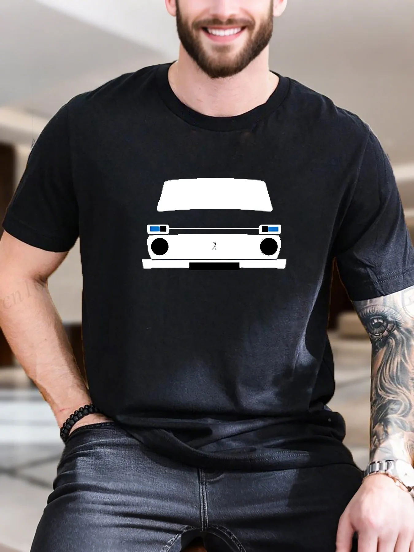

New Arrival Fashion Men's Cotton Printed T-Shirt Black White Car with Light Design Breathable Comfortable Short Sleeve Tee Casual