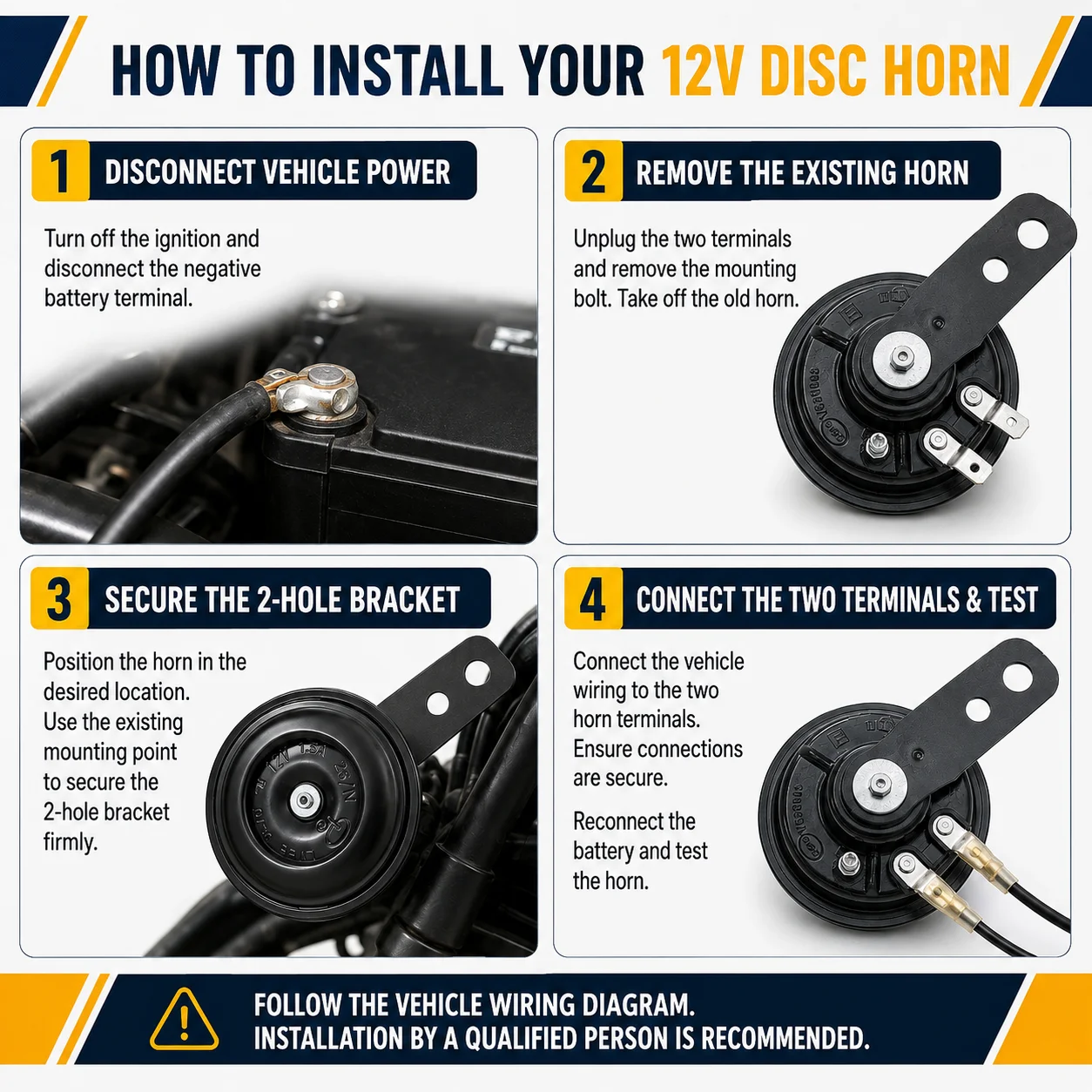 2PCS 12V Motorcycle Disc Horn Set Dual Terminal Electric Horn with 2-Hole Mounting Bracket for Scooter Moped Dirt Bike ATV