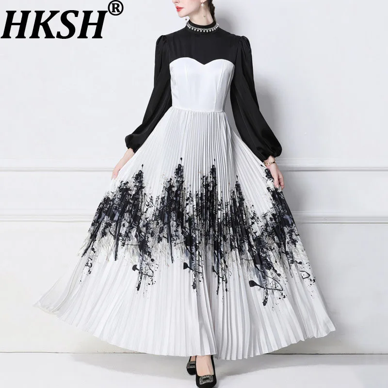 

HKSH весна осень новое женское длинное платье с рукавами-фонариками цветных блоков с принтом плиссированные платья на талии в китайском стиле HK13453