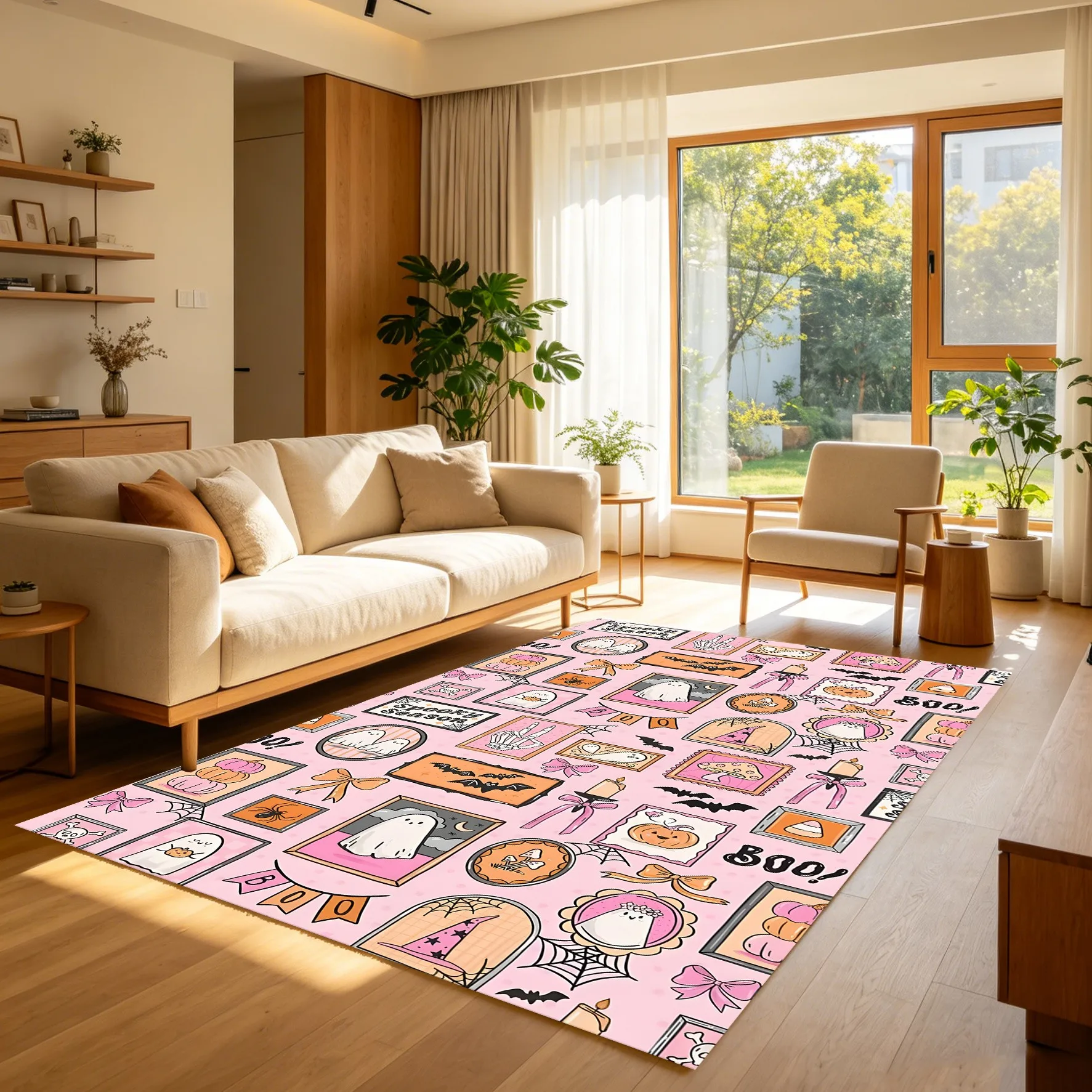 2D Carpet Halloween Ghost Pumpkin Print Spooky Season Slogan Sweet Cool Girly Style Vibrant Eye Catching Pink Tones Creating Full Color