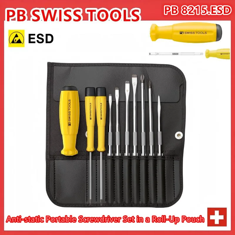 PB Swiss Tools PB 8215.ESD Anti-Static Screwdriver Set, ESD Safe Precision Repair Tool Kit with Portable Roll Bag