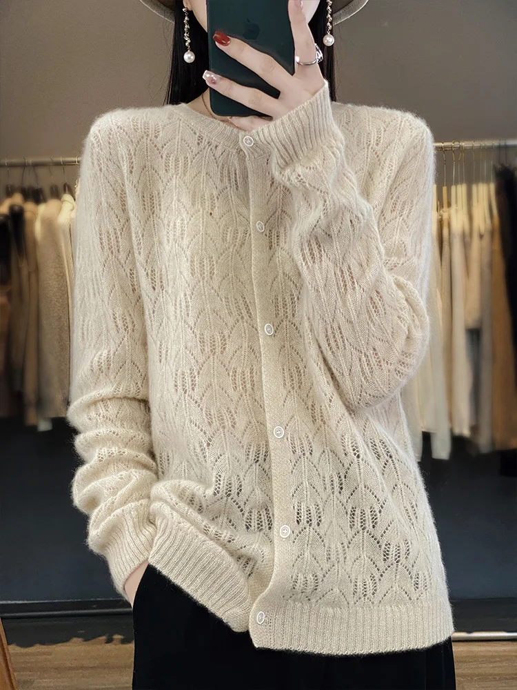 Women Cashmere Sweater Autumn Winter Hollow Cardigan 100% Merino Wool Knitwear  O- Neck Solid Color Temperament Top Coat