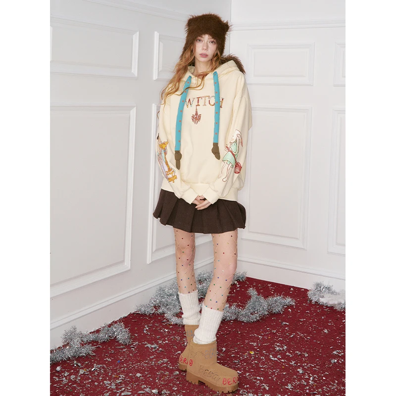 ELFSACK Women Oversized Hoodie 2025 Winter Cotton Cartoon Print Streetwear Casual Drop Shoulder Drawstring Sweatshirt