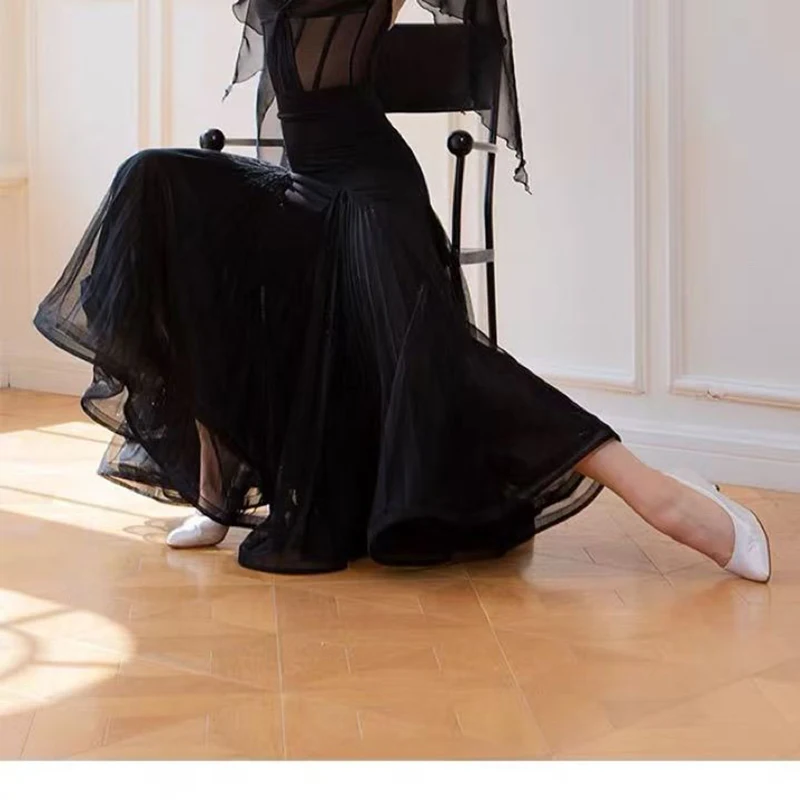 Stroje do tańca towarzyskiego dla kobiet na zawody 2025, z siateczkowymi rękawami, szerokie spódnice, garnitur dla dorosłych, walc, kostiumy do tańca nowoczesnego DQS21521