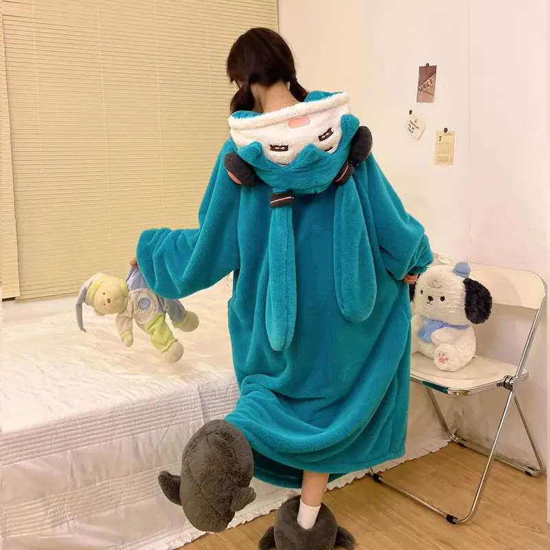 Kawaii Hatsune Miku Plush Sleepwear for Women In Winter, Thickened Coral Fleece, Cute Cartoon Nightgown, Hooded Home Outfit