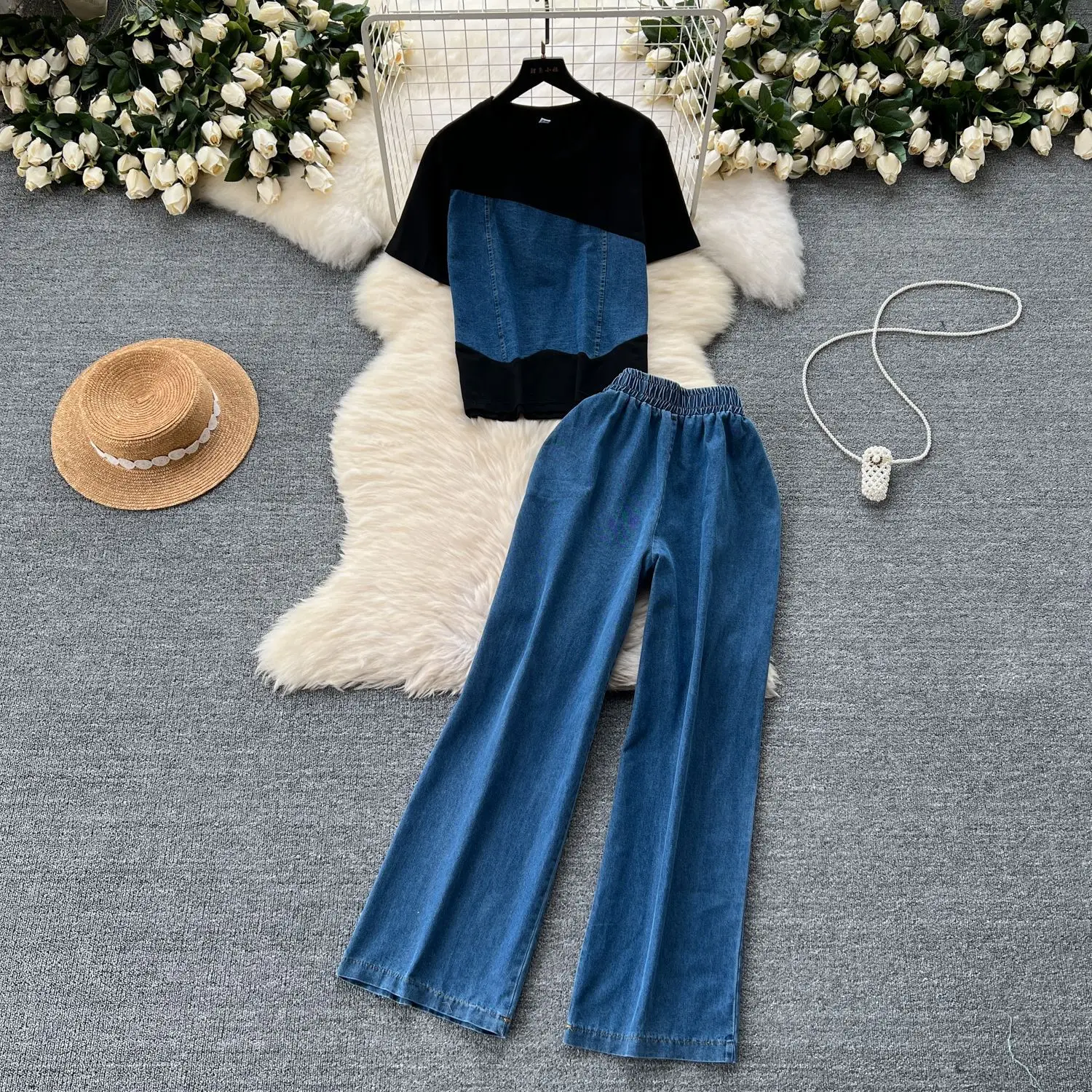 エレガントなデニムセット半袖ストラップキャミソール+ベーシックワイドレッグパンツファッションストリートウェアバケーションスタイルヴィンテージスーツサマー2025