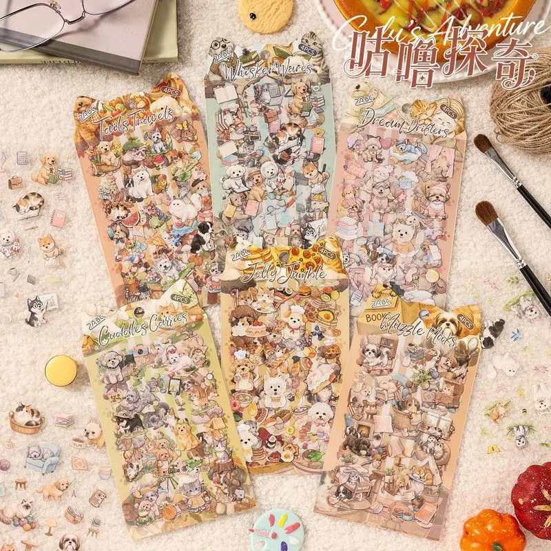 4Pcs PET Gulu Adventure Stickers Cute Cat Dog Pet Character Decals for Journal Scrapbook DIY Collage Decor